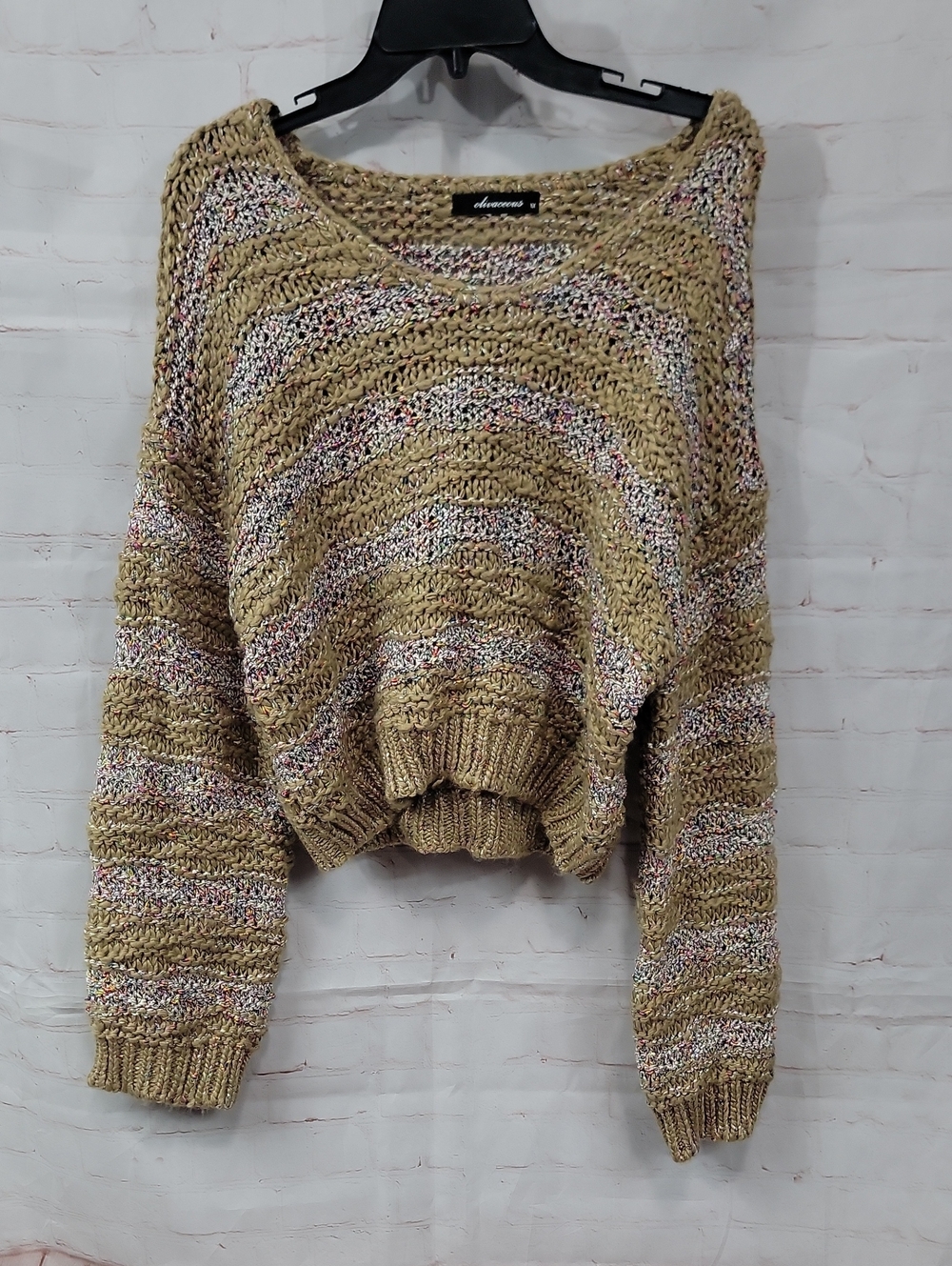 Olivaceous Beige Multicolor Cropped Open-Knit Sweater